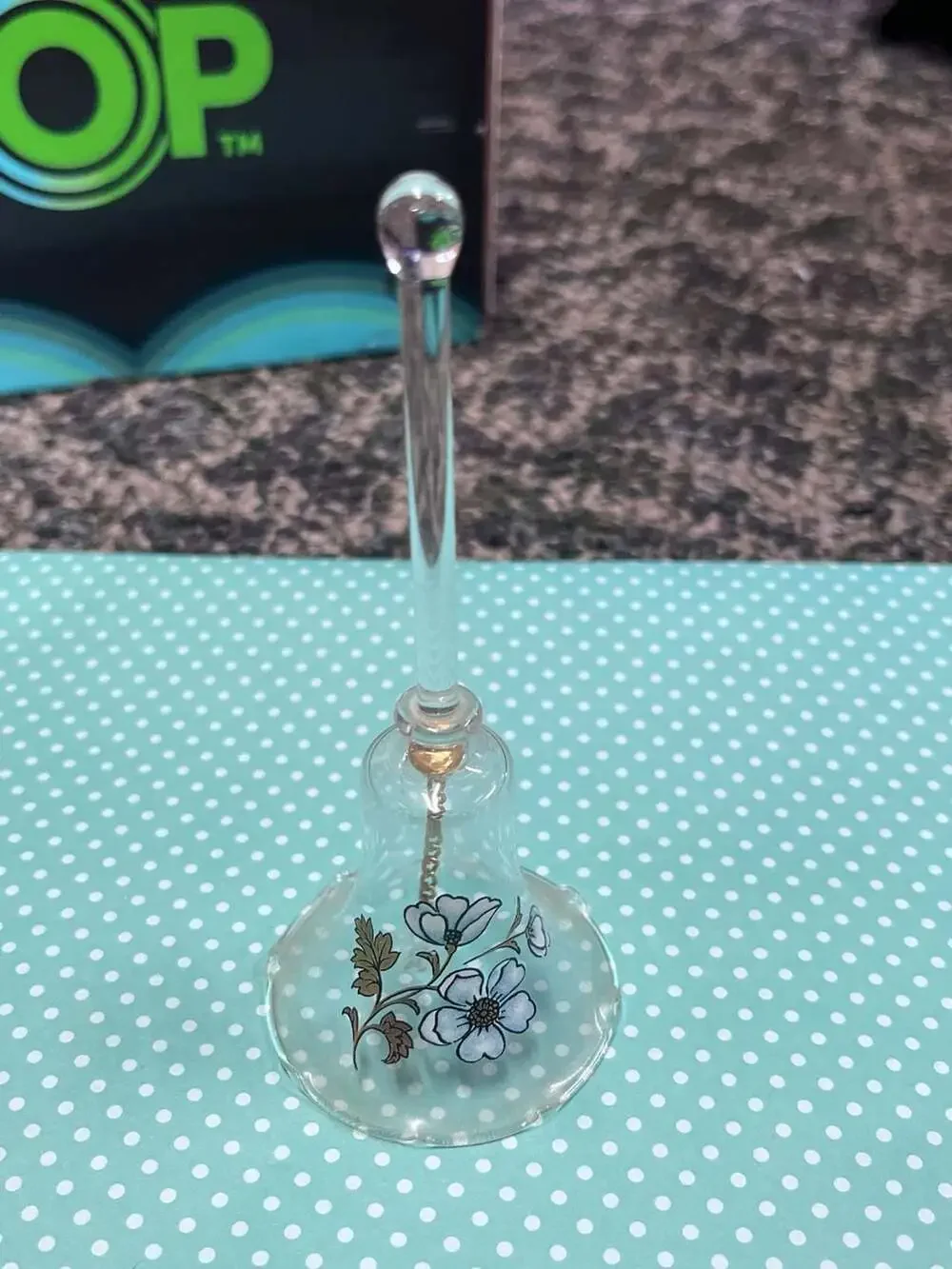 Vintage Hand Blown Clear Glass Bell with Blue Floral Pattern